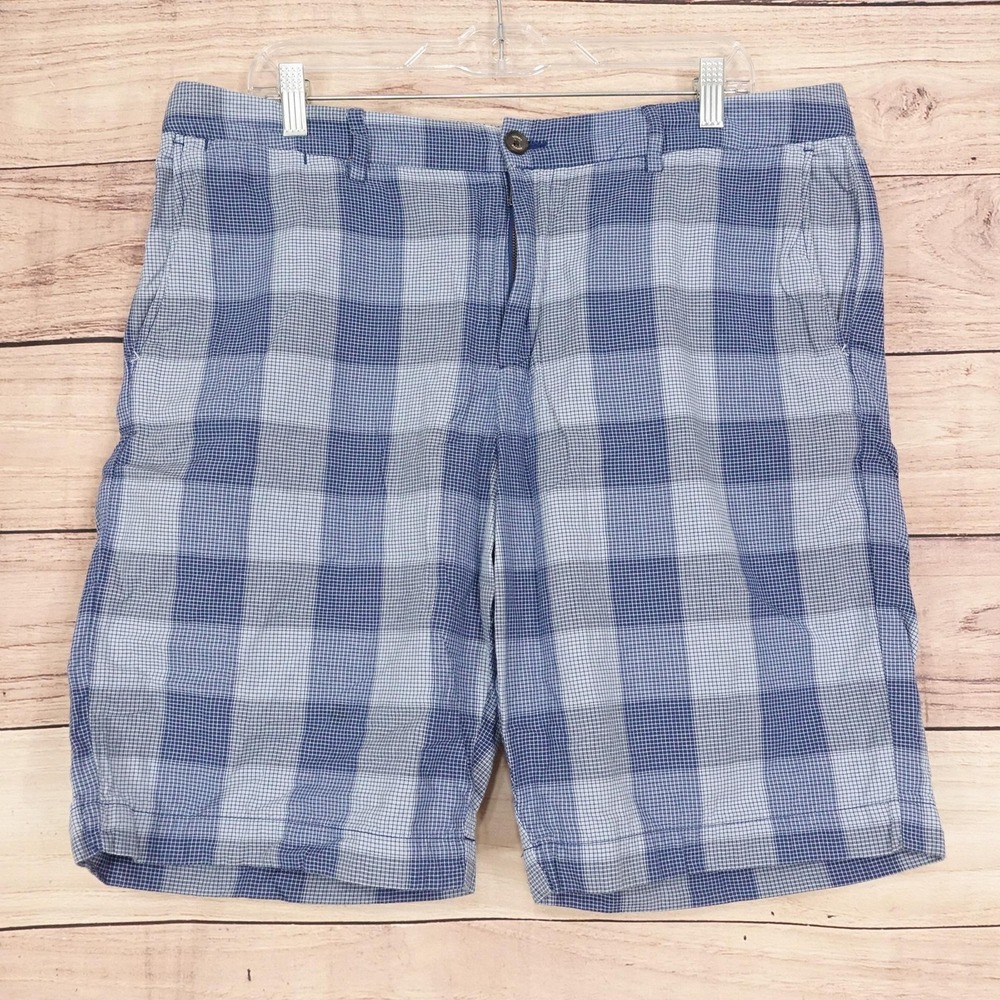 Tommy Bahama Shorts Mens 36 Blue Plaid Chino Cotton Flat Front 10 Inseam Casual